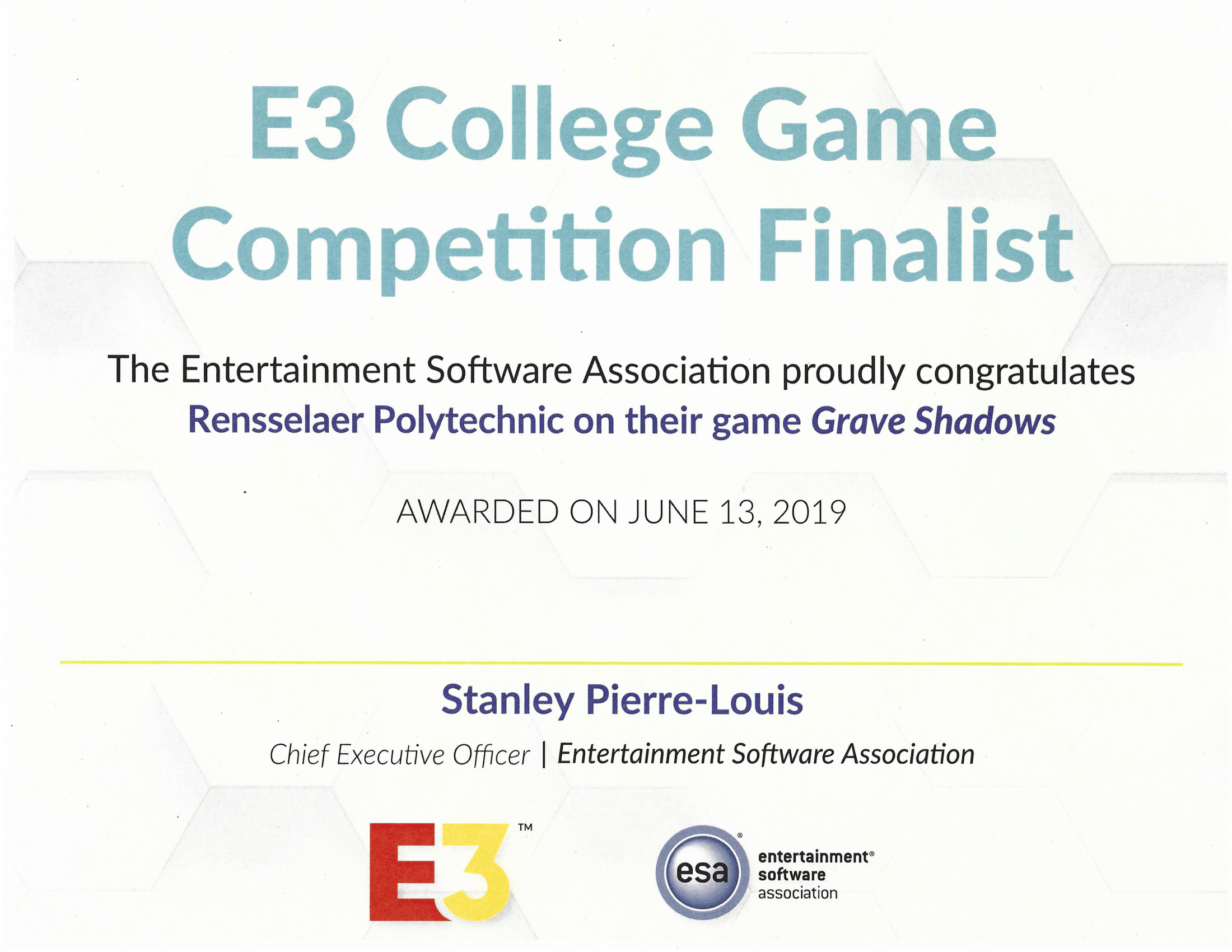 Scan of E3 2019 College Game Competition Finalist Award