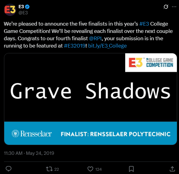 The tweet that announced Grave Shadows was one of the competition finalists